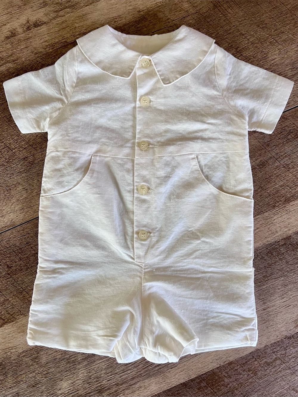 Baby Boy 3 months “Classic Child” Linen Romper with collar, cream